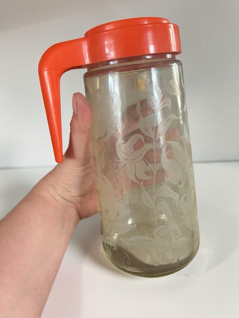 Vintage Tang Glass Pitcher Orange Lid Floral Etched Carafe